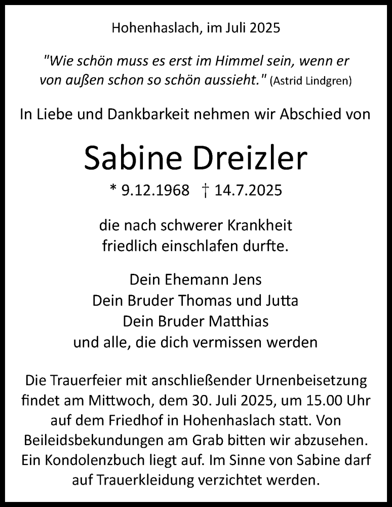  Traueranzeige für Sabine Dreizler vom 25.07.2025 aus Bietigheimer Zeitung