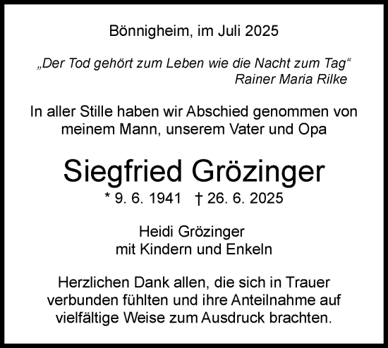 Traueranzeige von Siegfried Grözinger von Bietigheimer Zeitung