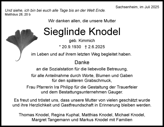 Traueranzeige von Sieglinde Knodel von Bietigheimer Zeitung