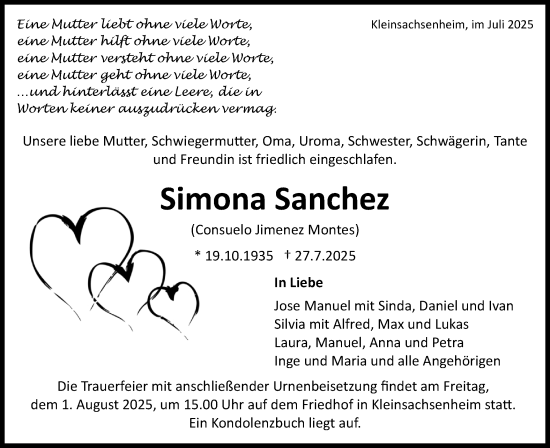 Traueranzeige von Simona Sanchez von Bietigheimer Zeitung