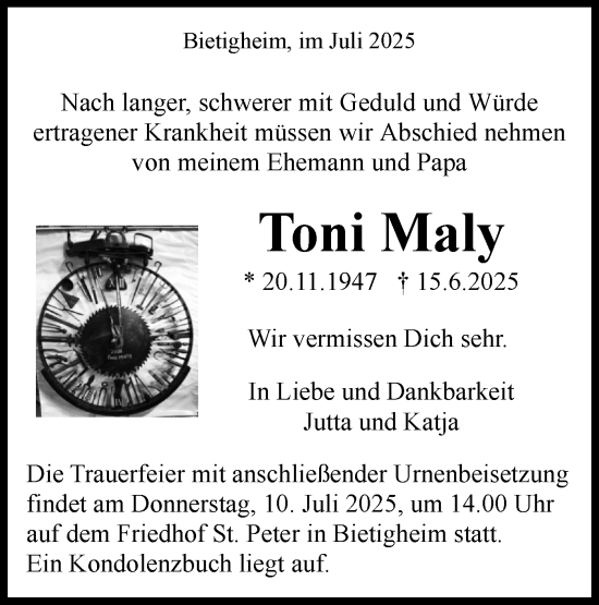 Traueranzeige von Toni Maly von Bietigheimer Zeitung