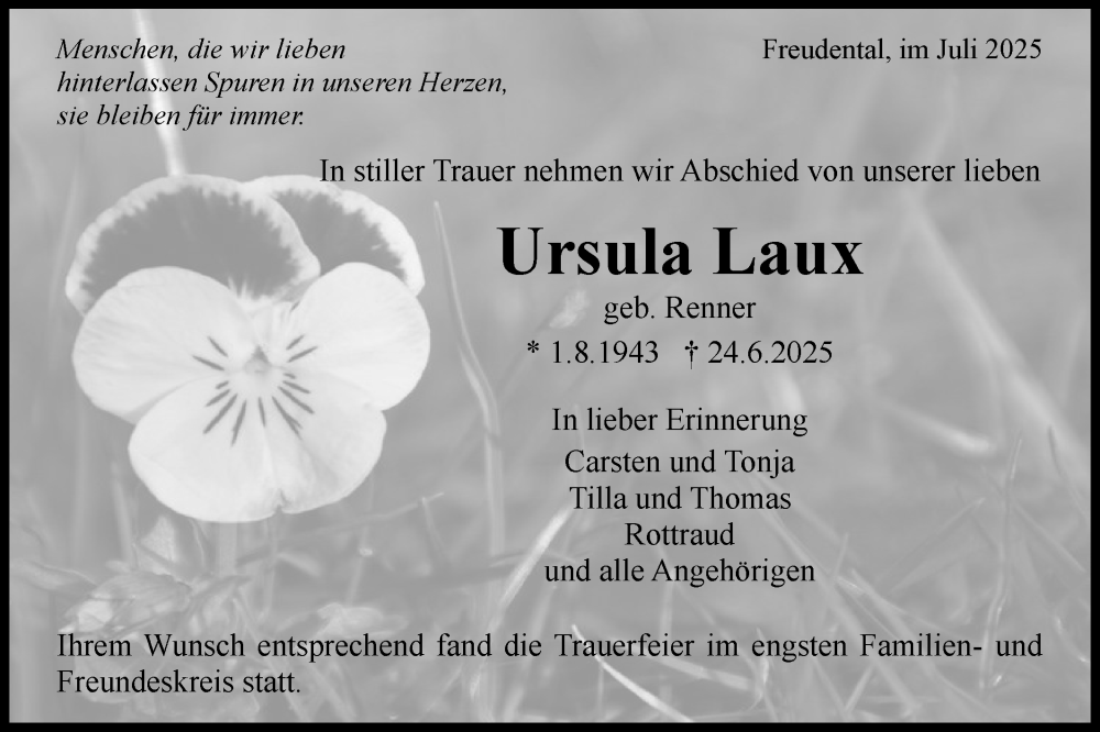  Traueranzeige für Ursula Laux vom 08.07.2025 aus Bietigheimer Zeitung