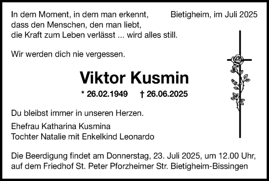 Traueranzeige von Viktor Kusmin von Bietigheimer Zeitung