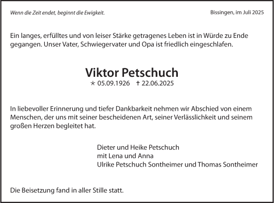 Traueranzeige von Viktor Petschuch von Bietigheimer Zeitung