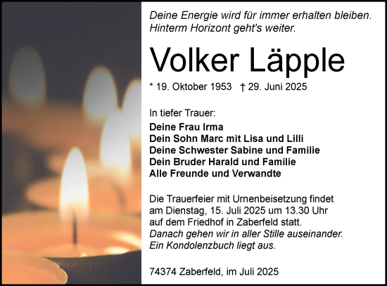 Traueranzeige von Volker Läpple von Bietigheimer Zeitung