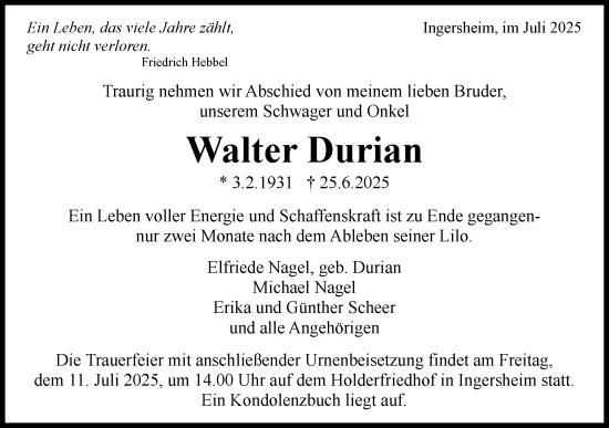 Traueranzeige von Walter Durian von Bietigheimer Zeitung