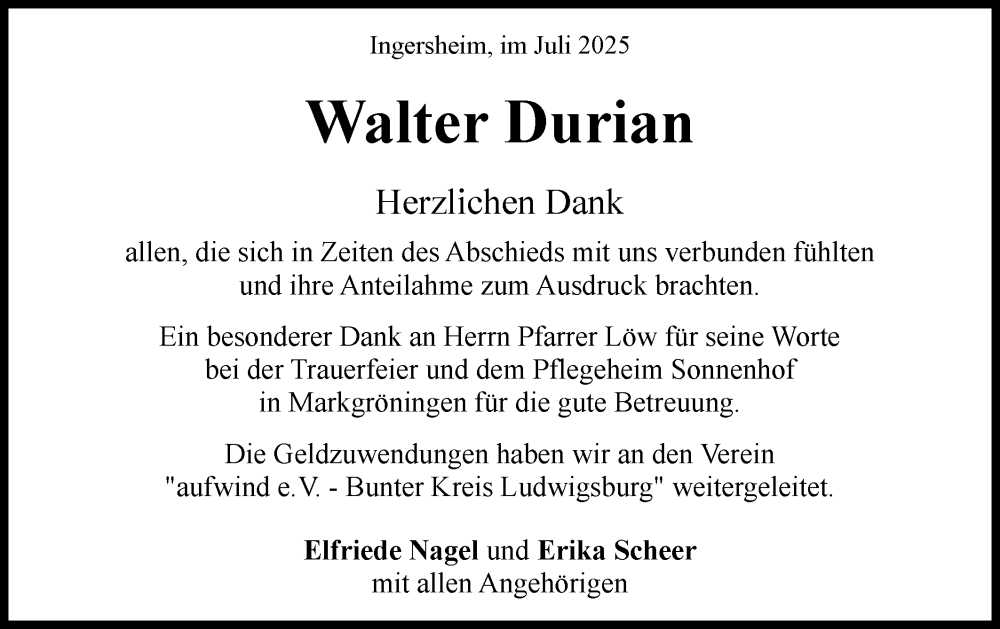  Traueranzeige für Walter Durian vom 26.07.2025 aus Bietigheimer Zeitung
