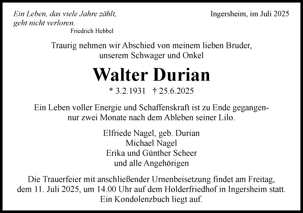  Traueranzeige für Walter Durian vom 05.07.2025 aus Bietigheimer Zeitung