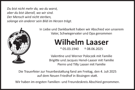 Traueranzeige von Wilhelm Laaser von Bietigheimer Zeitung