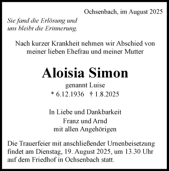 Traueranzeige von Aloisia Simon von Bietigheimer Zeitung