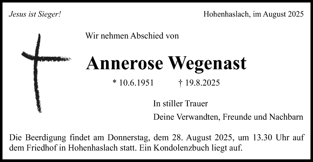  Traueranzeige für Annerose Wegenast vom 26.08.2025 aus Bietigheimer Zeitung