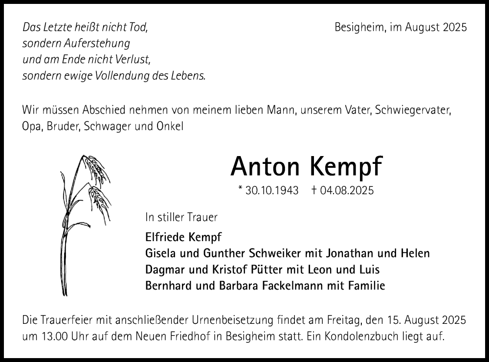  Traueranzeige für Anton Kempf vom 09.08.2025 aus Bietigheimer Zeitung