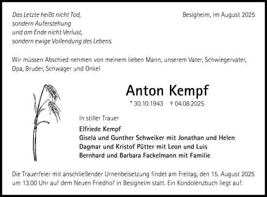 Traueranzeige von Anton Kempf von Bietigheimer Zeitung