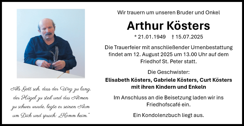  Traueranzeige für Arthur Kösters vom 02.08.2025 aus Bietigheimer Zeitung