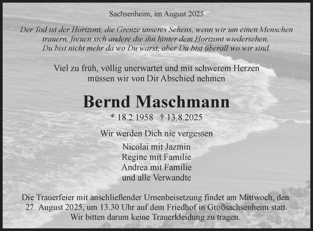  Traueranzeige für Bernd Maschmann vom 21.08.2025 aus Bietigheimer Zeitung