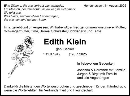 Traueranzeige von Edith Klein von Bietigheimer Zeitung