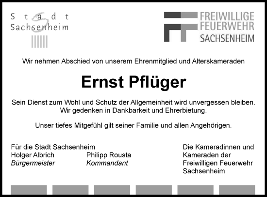 Traueranzeige von Ernst Pflüger von Bietigheimer Zeitung