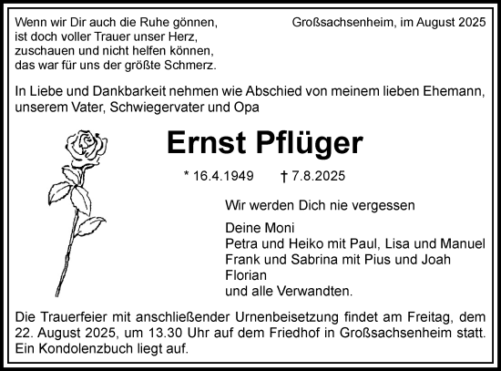 Traueranzeige von Ernst Pflüger von Bietigheimer Zeitung