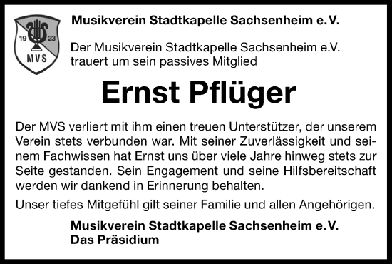Traueranzeige von Ernst Pflüger von Bietigheimer Zeitung
