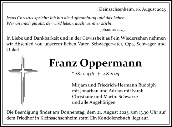 Traueranzeige von Franz Oppermann von Bietigheimer Zeitung