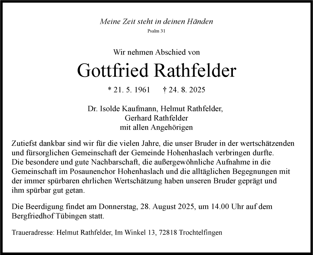  Traueranzeige für Gottfried Rathfelder vom 26.08.2025 aus Bietigheimer Zeitung