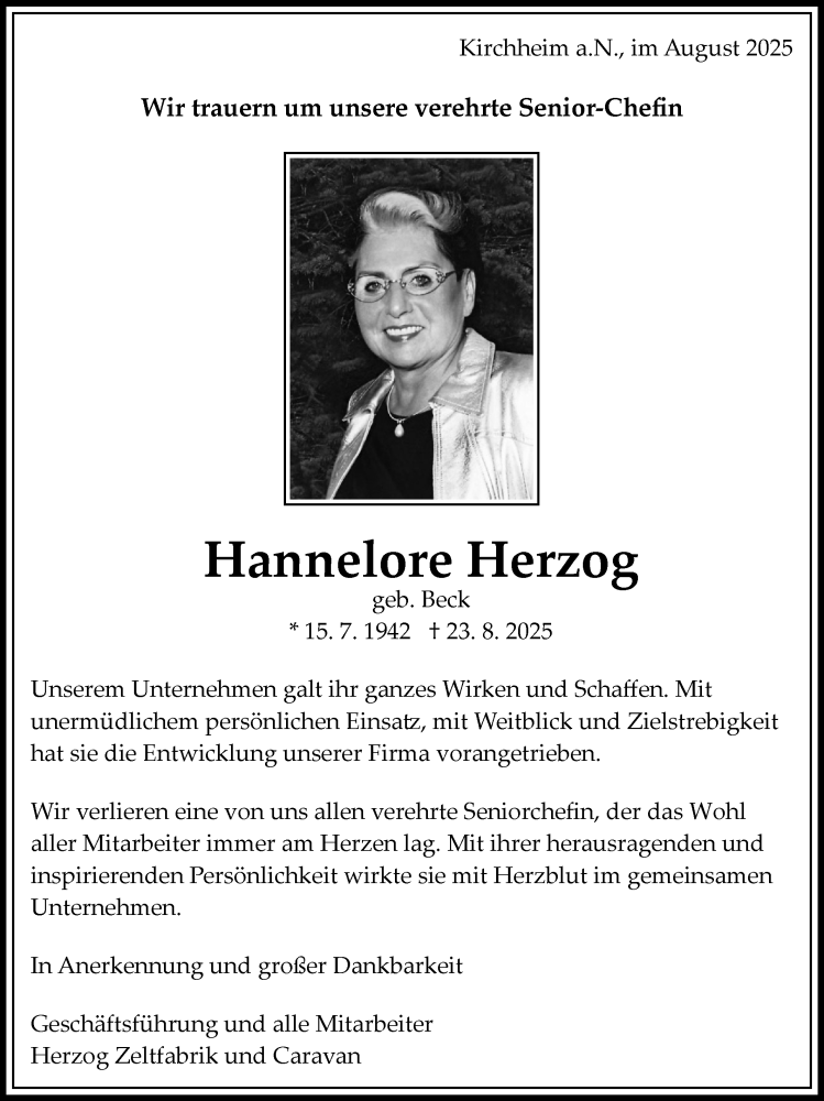  Traueranzeige für Hannelore Herzog vom 27.08.2025 aus Bietigheimer Zeitung