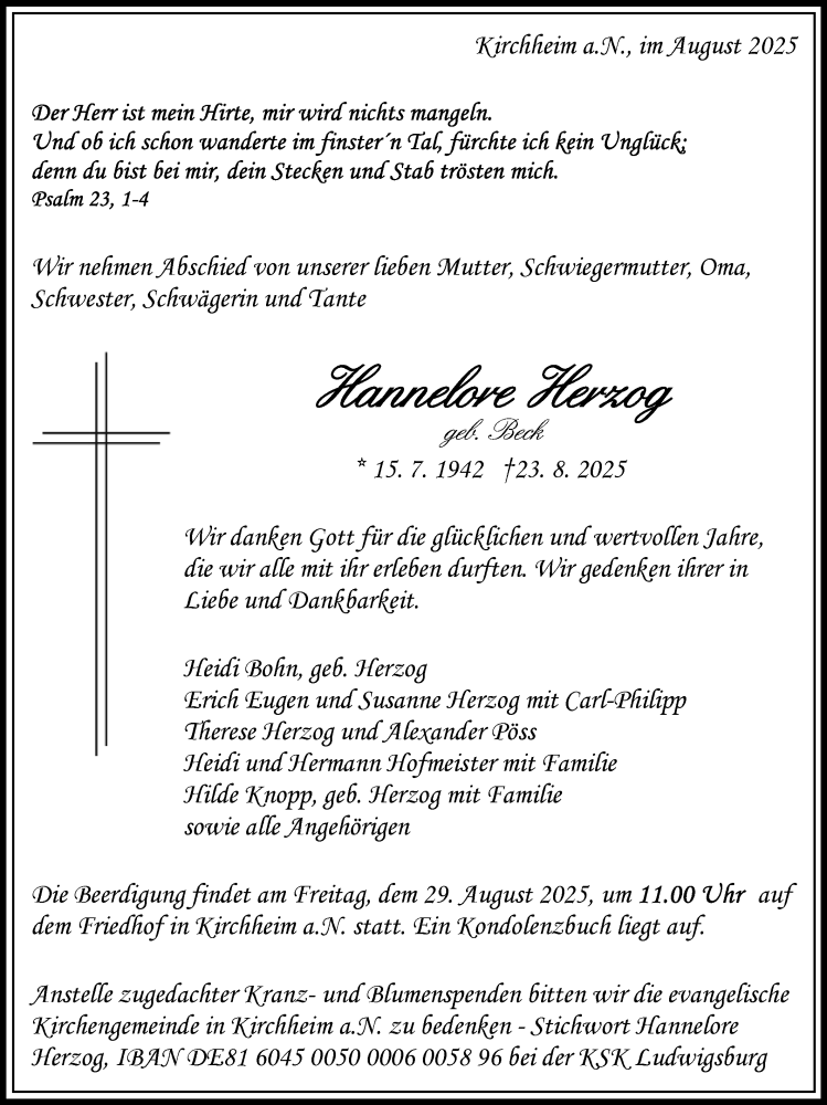  Traueranzeige für Hannelore Herzog vom 27.08.2025 aus Bietigheimer Zeitung
