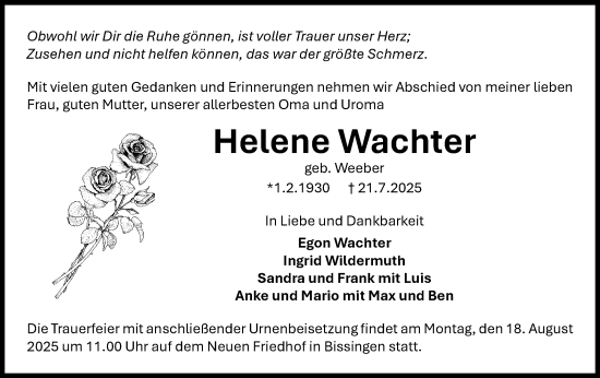 Traueranzeige von Helene Wachter von Bietigheimer Zeitung
