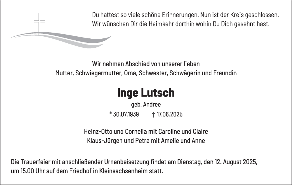  Traueranzeige für Inge Lutsch vom 02.08.2025 aus Bietigheimer Zeitung