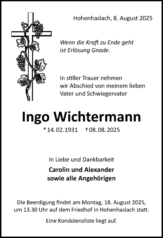 Traueranzeige von Ingo Wichtermann von Bietigheimer Zeitung