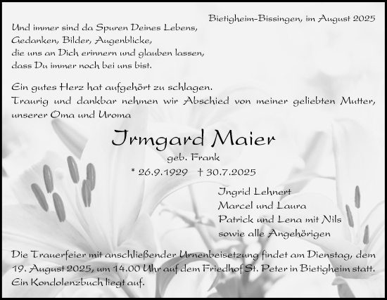 Traueranzeige von Irmgard Maier von Bietigheimer Zeitung