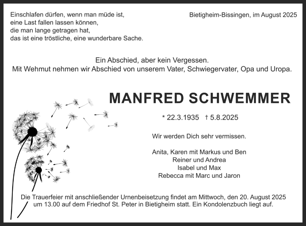  Traueranzeige für Manfred Schwemmer vom 16.08.2025 aus Bietigheimer Zeitung