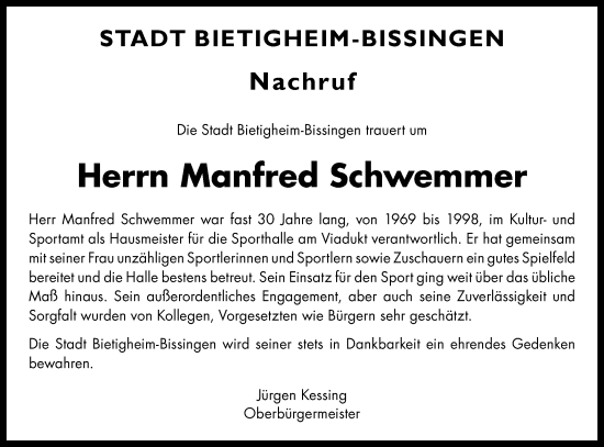 Traueranzeige von Manfred Schwemmer von Bietigheimer Zeitung