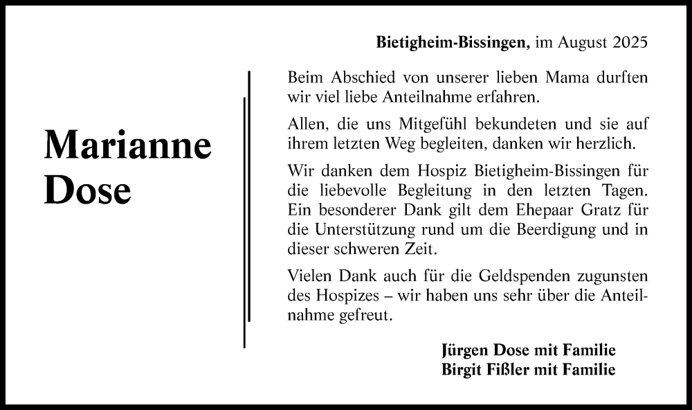  Traueranzeige für Marianne Dose vom 02.08.2025 aus Bietigheimer Zeitung