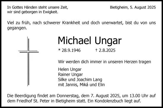 Traueranzeige von Michael Ungar von Bietigheimer Zeitung