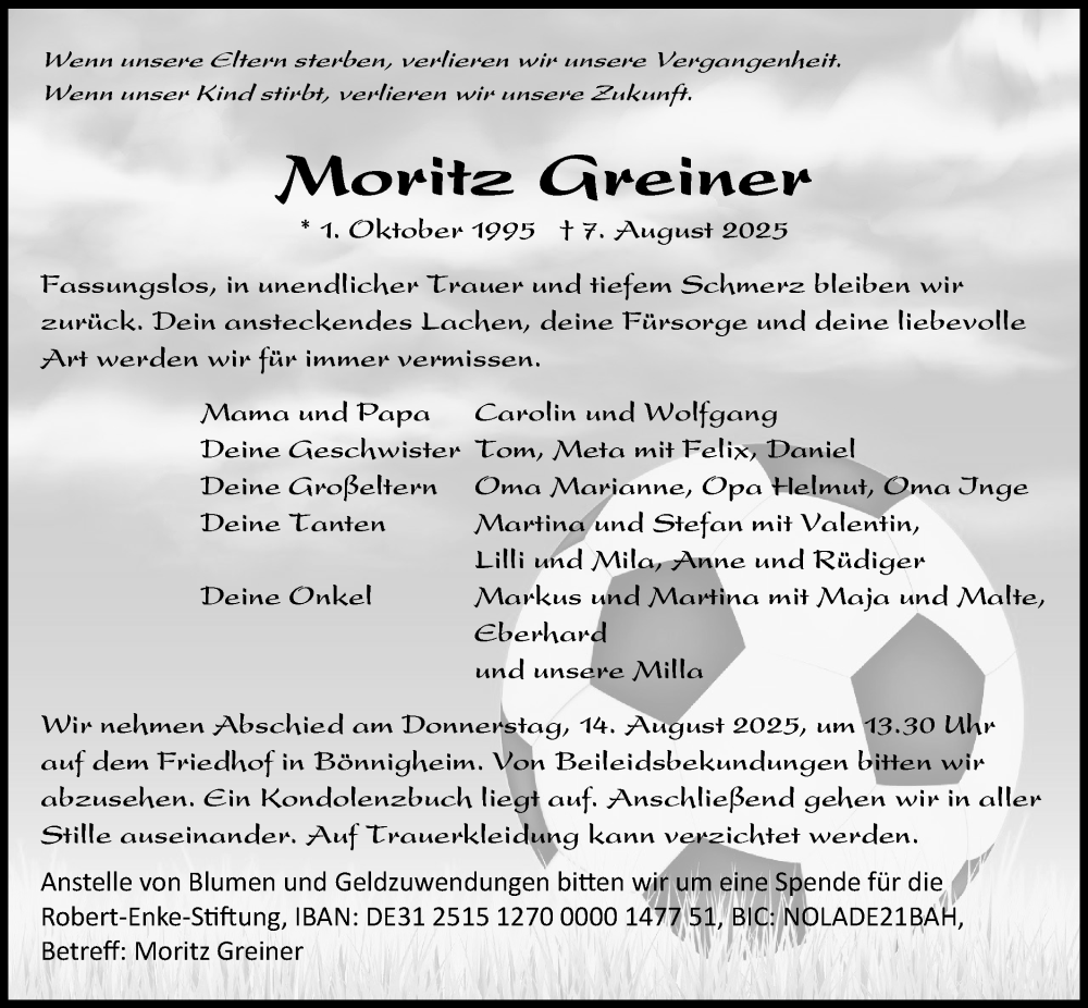  Traueranzeige für Moritz Greiner vom 12.08.2025 aus Bietigheimer Zeitung