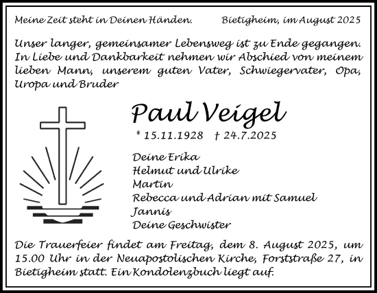Traueranzeige von Paul Veigel von Bietigheimer Zeitung