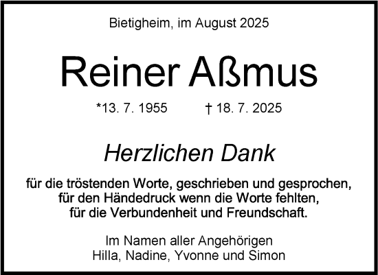 Traueranzeige von Reiner Aßmus von Bietigheimer Zeitung