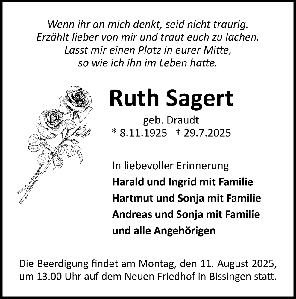  Traueranzeige für Ruth Sagert vom 07.08.2025 aus Bietigheimer Zeitung