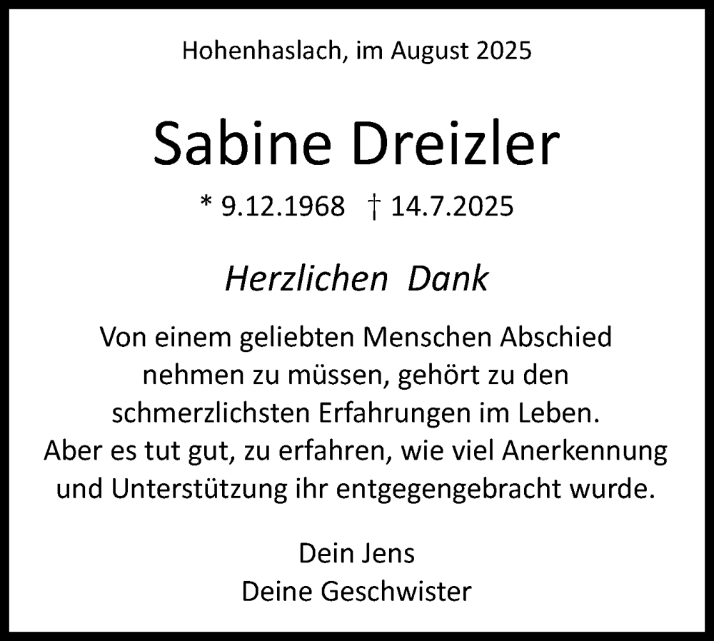  Traueranzeige für Sabine Dreizler vom 09.08.2025 aus Bietigheimer Zeitung