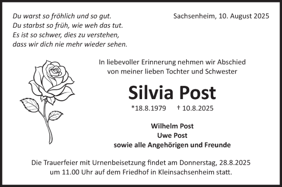 Traueranzeige von Silvia Post von Bietigheimer Zeitung