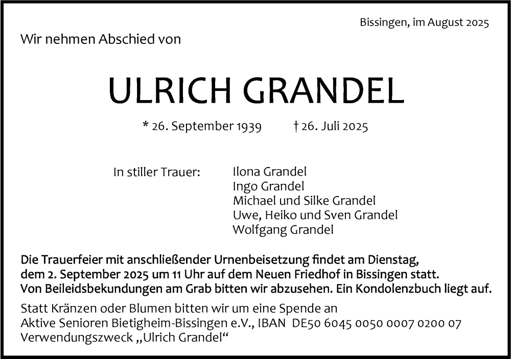  Traueranzeige für Ulrich Grandel vom 28.08.2025 aus Bietigheimer Zeitung