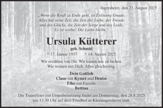 Traueranzeige von Ursula Kütterer von Bietigheimer Zeitung