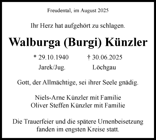 Traueranzeige von Walburga Künzler von Bietigheimer Zeitung
