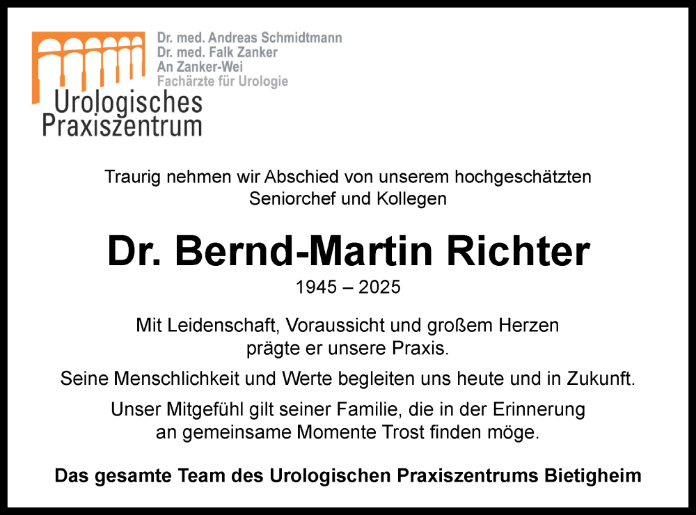  Traueranzeige für Bernd-Martin Richter vom 23.09.2025 aus Bietigheimer Zeitung
