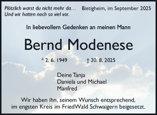 Traueranzeige von Bernd Modenese von Bietigheimer Zeitung