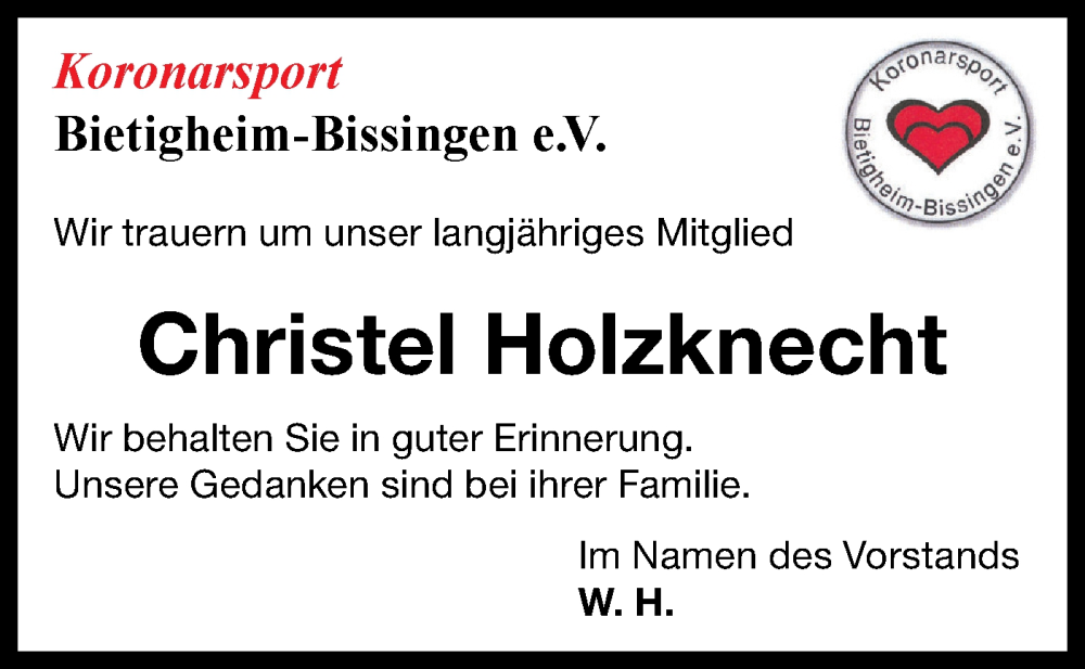  Traueranzeige für Christel Holzknecht vom 09.09.2025 aus Bietigheimer Zeitung