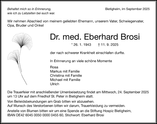 Traueranzeige von Eberhard Brosi von Bietigheimer Zeitung