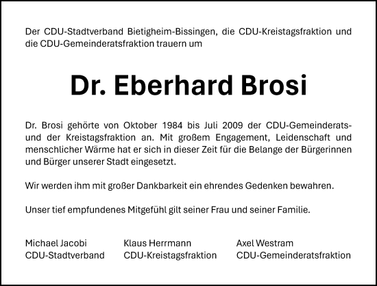 Traueranzeige von Eberhard Brosi von Bietigheimer Zeitung