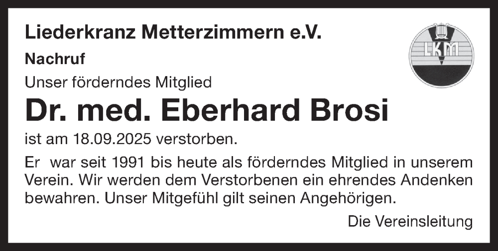  Traueranzeige für Eberhard Brosi vom 22.09.2025 aus Bietigheimer Zeitung